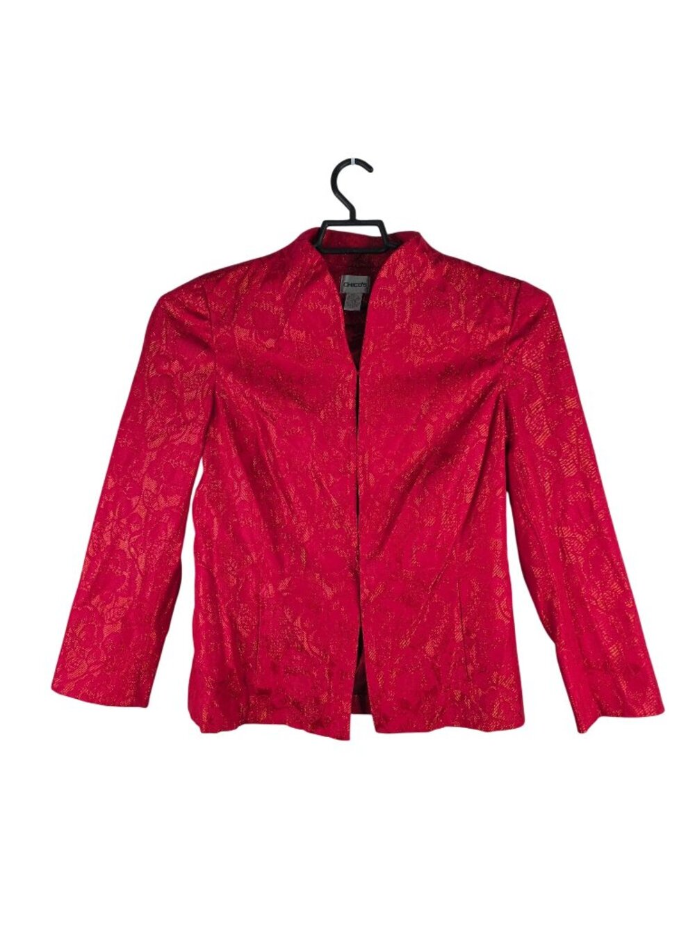 Womens Chicos Red Brocade Jacket Clip Front Closure Cotton Blend Stretch Size 1